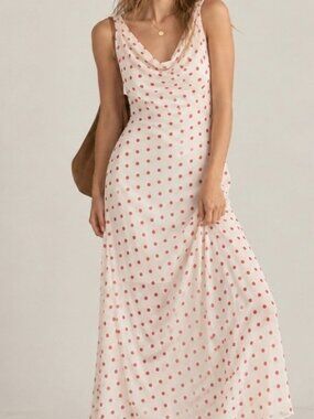 NWT Paper Heart Sheer Polka Dot Mesh Cowl Neck Maxi Dress. Size L
